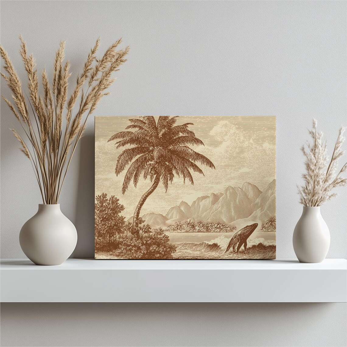 Sepia Engraving Tropical Palm Island Whale Vintage Scenic Poster