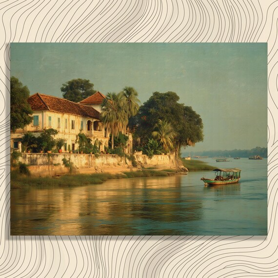 Tropical River Villa Coastal Landscape Vintage Travel Poster