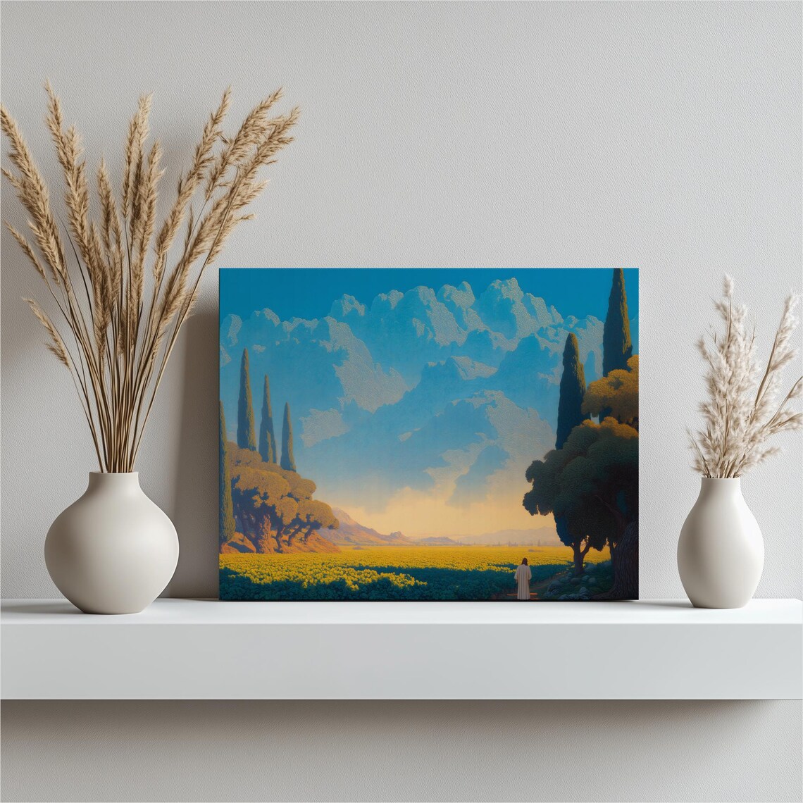 Solitary Figure in Golden Flower Field Landscape Painting Wall Poster