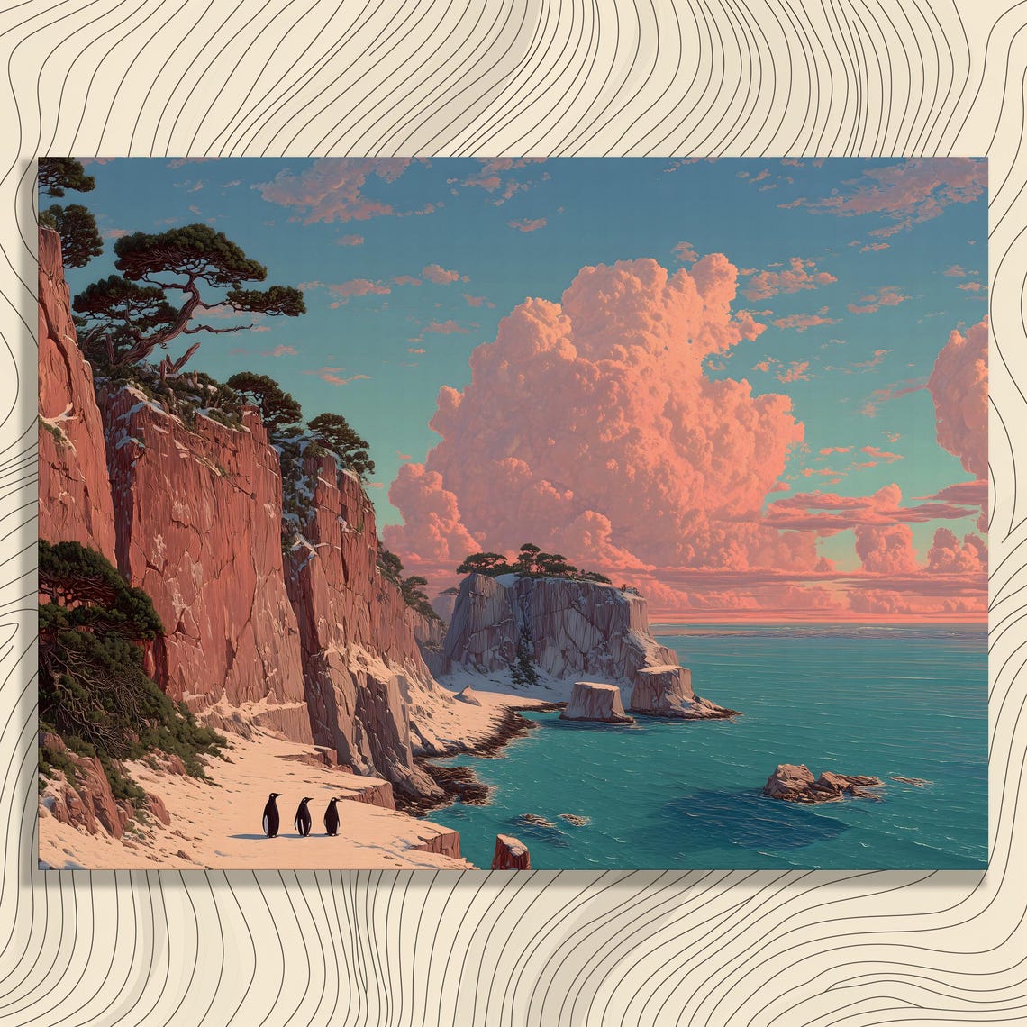 Surreal Penguins On A Pink Cloud Coastal Cliffs Ocean Poster