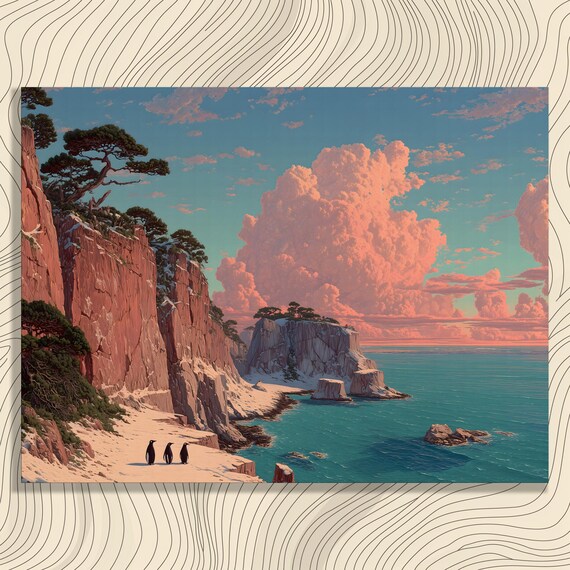 Surreal Penguins On A Pink Cloud Coastal Cliffs Ocean Poster