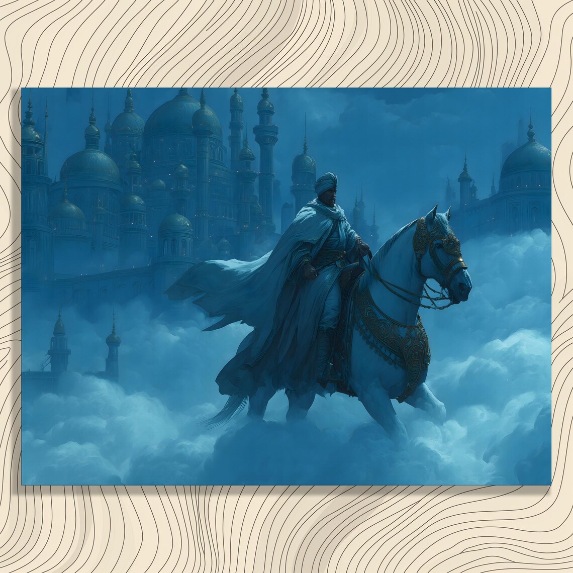 Night Rider On White Horse Before Domed Desert City Fantasy Art Poster
