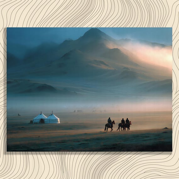Misty Steppe Sunrise Canvas Wall Art Mongolian Yurt Camp With Horseback Riders Wild Horses Foggy Mountain Landscape Traditional