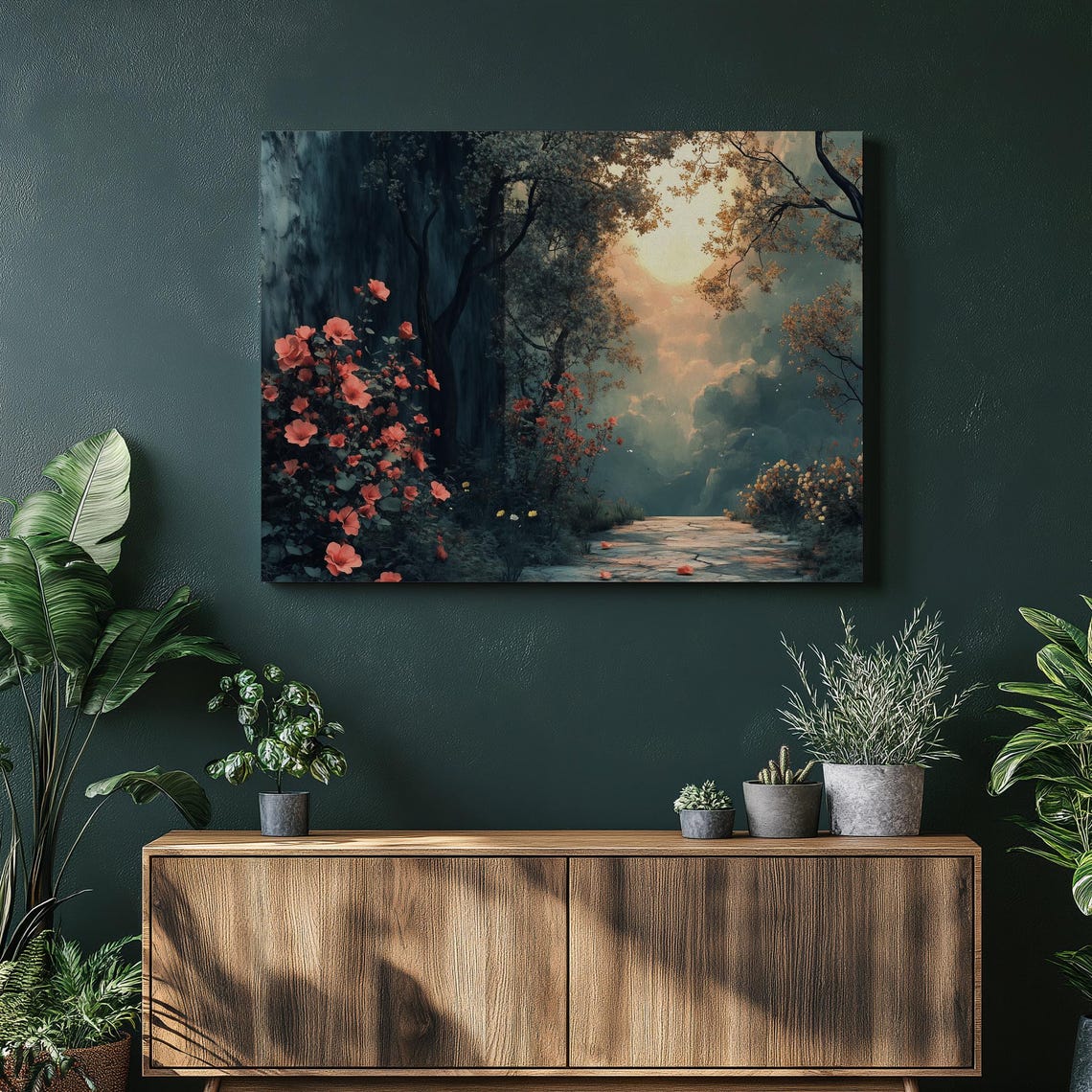 Moonlit Forest Path Red Roses Night Garden Romantic Scene Poster