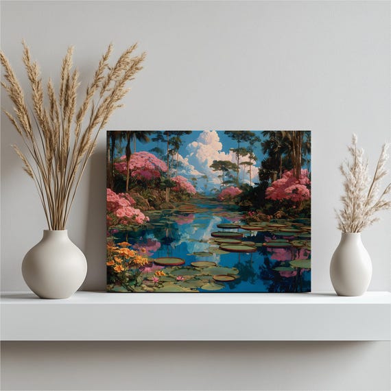 Tropical Lagoon Canvas Wall Art Water Lily Palm Tree Landscape With Pink Reflections Coastal Decor Botanical Print Gift