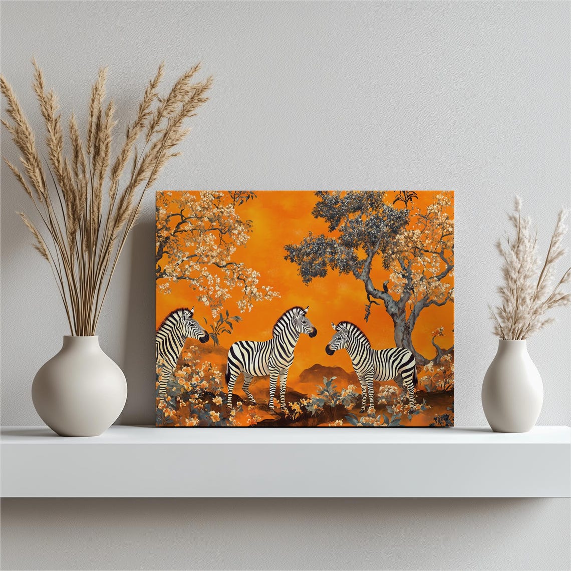 Zebra Trio Orange Savanna Flowering Trees African Safari Canvas Poster