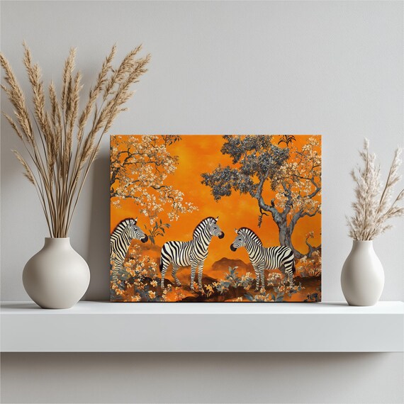 Zebra Safari Canvas Wall Art Bold Orange Savanna With Flowering Trees Tropical Foliage And Herd Wildlife Decor Print For Homes