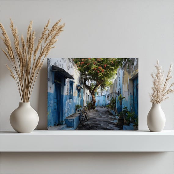 Urban Alley Bicycle Canvas Wall Art Rustic Cobblestone Street Mediterranean Doorway Painting Bougainvillea Print Decor Gift