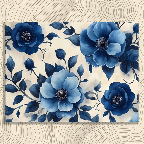 Blue Anemone Flowers Cream Background Botanical Watercolor Poster