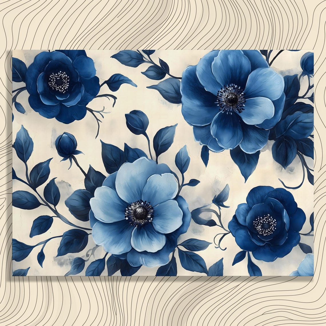 Blue Anemone Flowers Cream Background Botanical Watercolor Poster