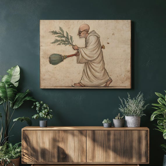 Traditional Monk Canvas Wall Art Mughal Style Miniature Painting Of A Sage With Broom And Branch Buddhist Spiritual Manuscript Artwork