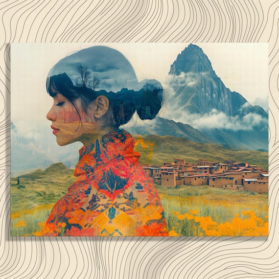 Modern Double Exposure Canvas Wall Art Surreal Mountain Village Nature Landscape Print Portrait Profile Photography Gift For Lovers