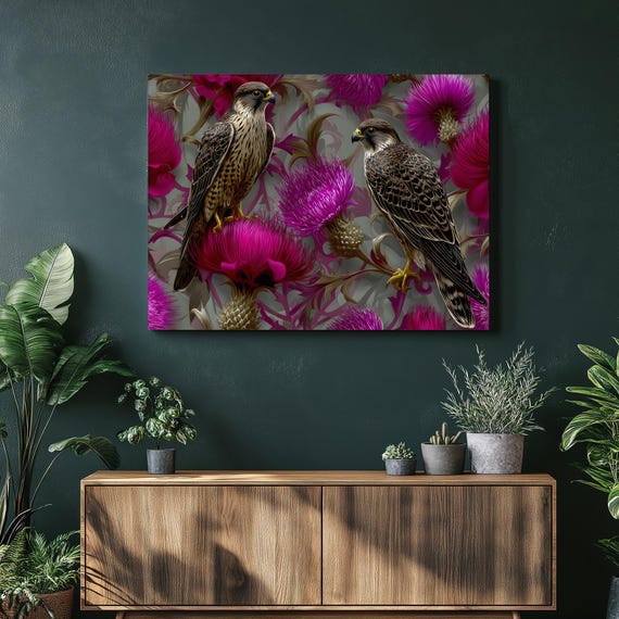 Falcon And Thistle Canvas Wall Art Detailed Raptor Birds With Magenta Blooms Botanical Pattern Nature Print Wildlife Home Decor