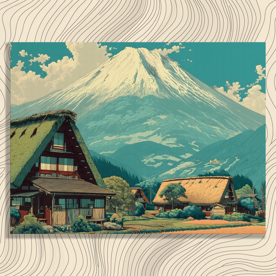 Mount Fuji Thatched Farmhouses Japanese Countryside Art Poster