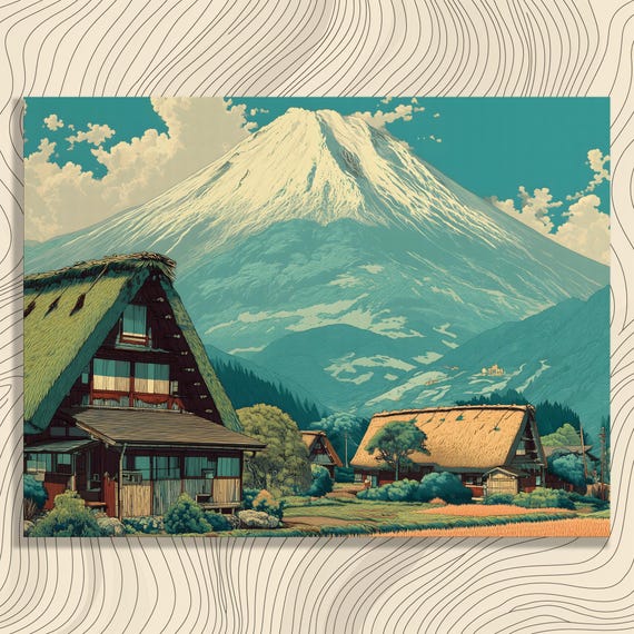 Serene Thatched Houses Canvas Wall Art Vintage Mountain Landscape Print For Nature Lovers And Enthusiasts Collectors Home Decor Gift