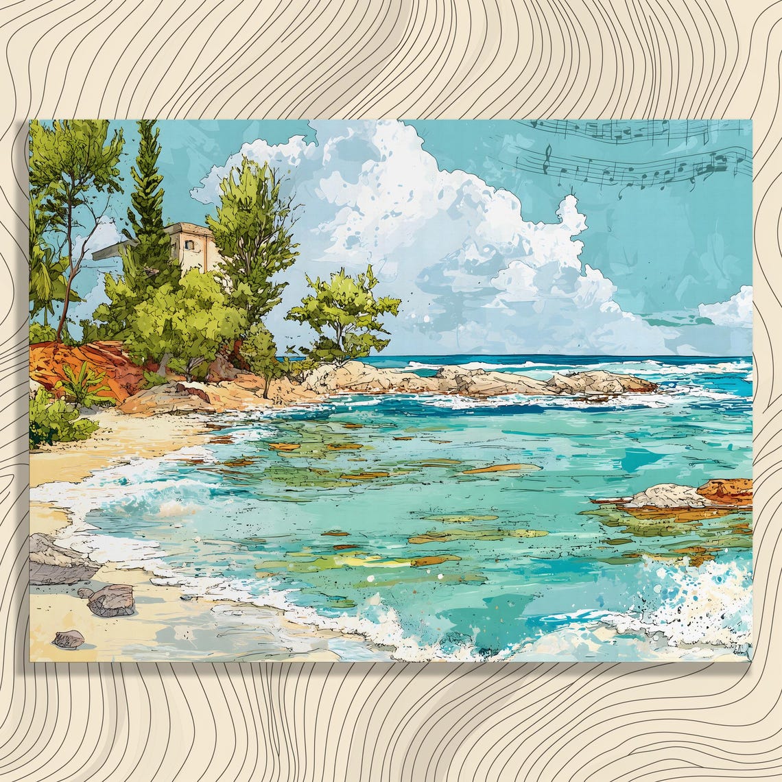 Tropical Beach Turquoise Water Music Notes Whimsical Coastal Poster