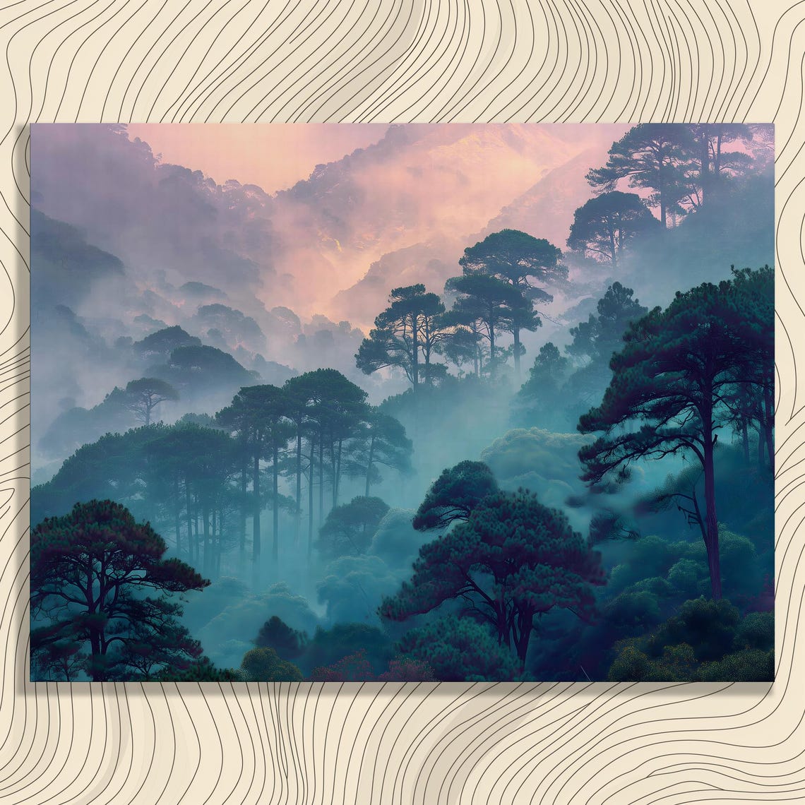 Misty Pine Forest At Pastel Sunrise Foggy Mountain Canvas Print