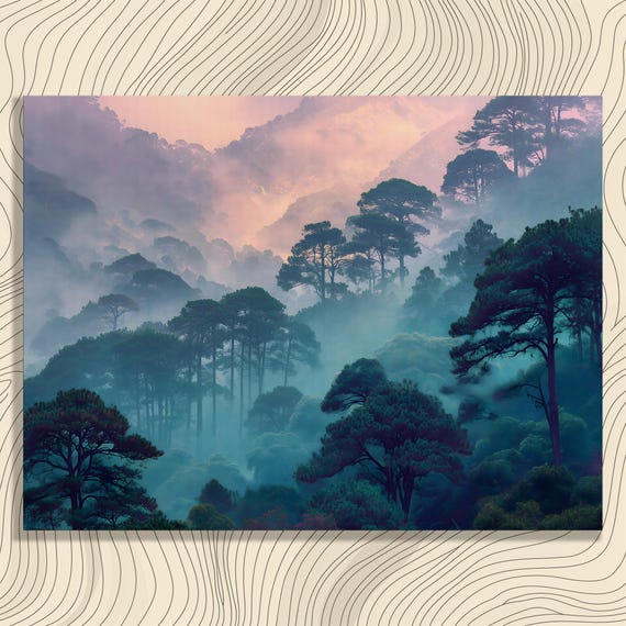 Misty Pine Forest Canvas Wall Art Pastel Sunrise Mountain Landscape Print Colorful Nature Decor Foggy Woods Trees Scenery Gift