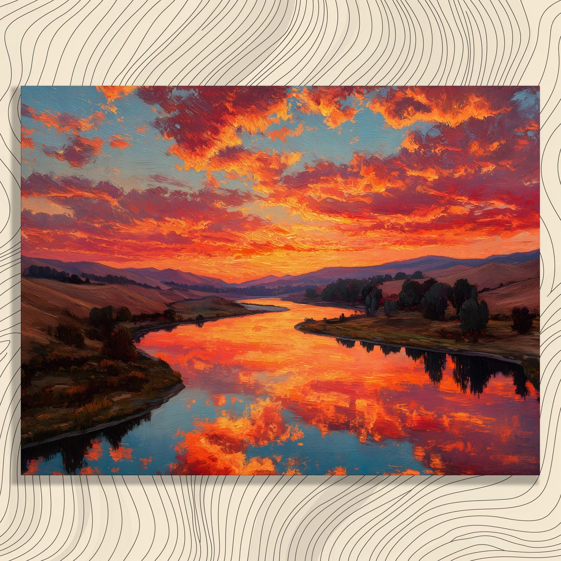 Fiery Sunset River Oil Painting Dramatic Clouds Reflection Wall Art
