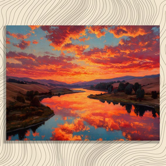 Fiery Sunset River Canvas Wall Art Colorful Landscape Print Vibrant Sky Clouds Reflection Impasto Painting Orange Blue Nature Decor