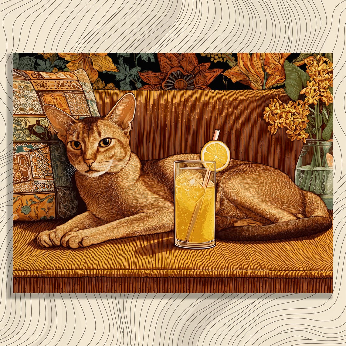 Retro Abyssinian Cat Lemonade Sofa Floral Lounge Summer Day Print