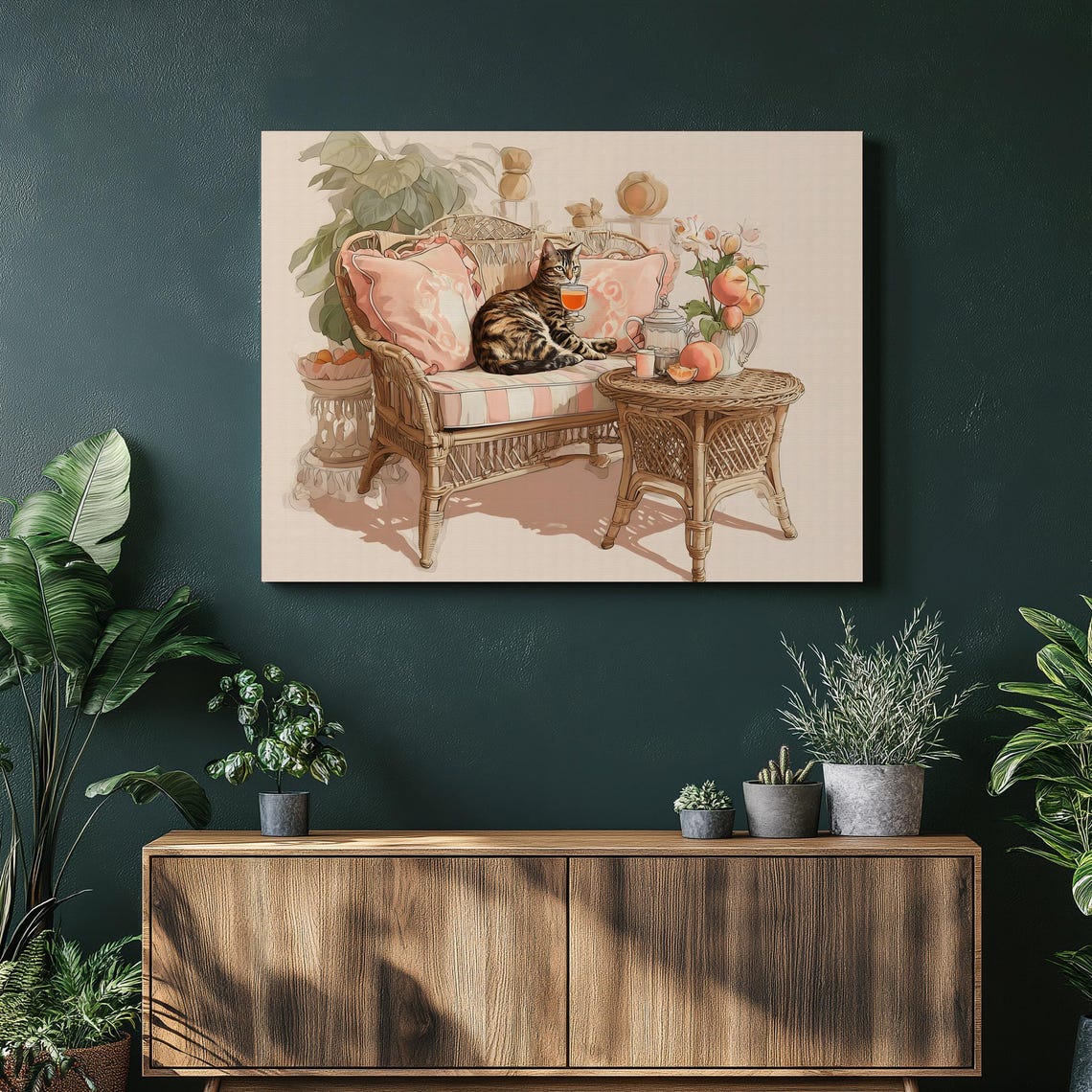 Tabby Cat Lounging Wicker Bench Iced Drink Pastel Watercolor Poster