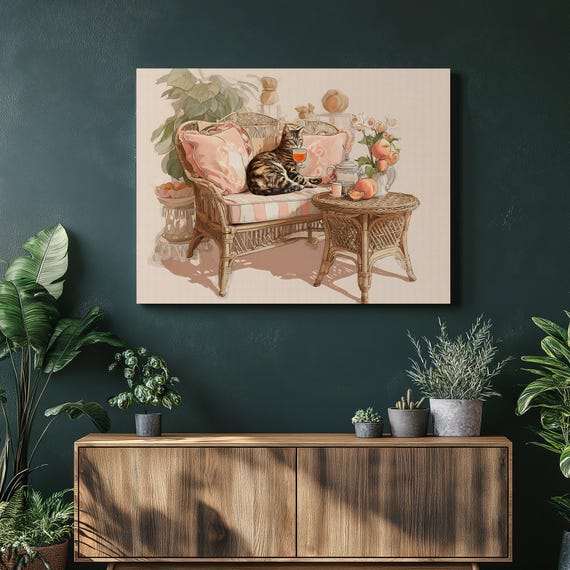 Cozy Cat Canvas Wall Art Wicker Bench Print Pastel Home Decor Tabby Kitty Illustration Peach Fruit Floral Still Life Painting