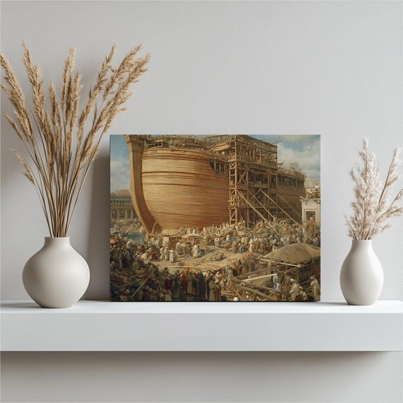 Noahs Ark Canvas Wall Art Biblical Decor Rustic Wooden Ship Print Majestic Scripture Illustration Pastoral Scene Vintage Painting