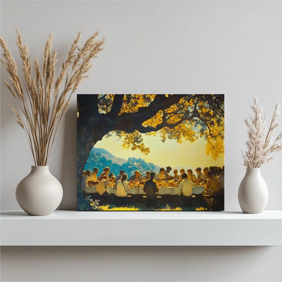 Countryside Picnic Canvas Wall Art Rustic Farmhouse Oak Tree Alfresco Dining Long Table Gathering Harvest Feast Painting Decor