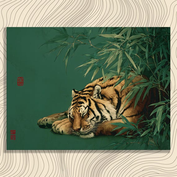 Sleeping Tiger Canvas Wall Art Bamboo Wildlife Decor Print Jungle Nature Lover Gift Green Foliage Animal Illustration Artwork