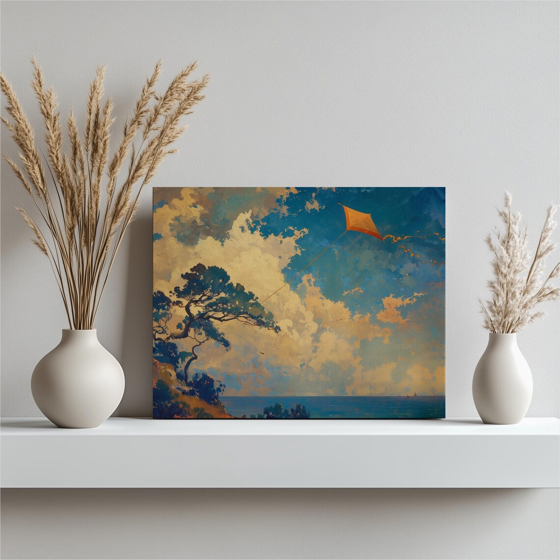 Kite Flying Art Print, Vibrant Sky Elegance