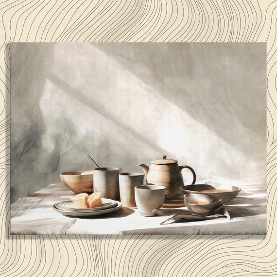 Minimalist Tea Set Canvas Wall Art Neutral Kitchen Decor Teapot Still Life Morning Light Pastry Print Ceramic Cups Linen Tablecloth