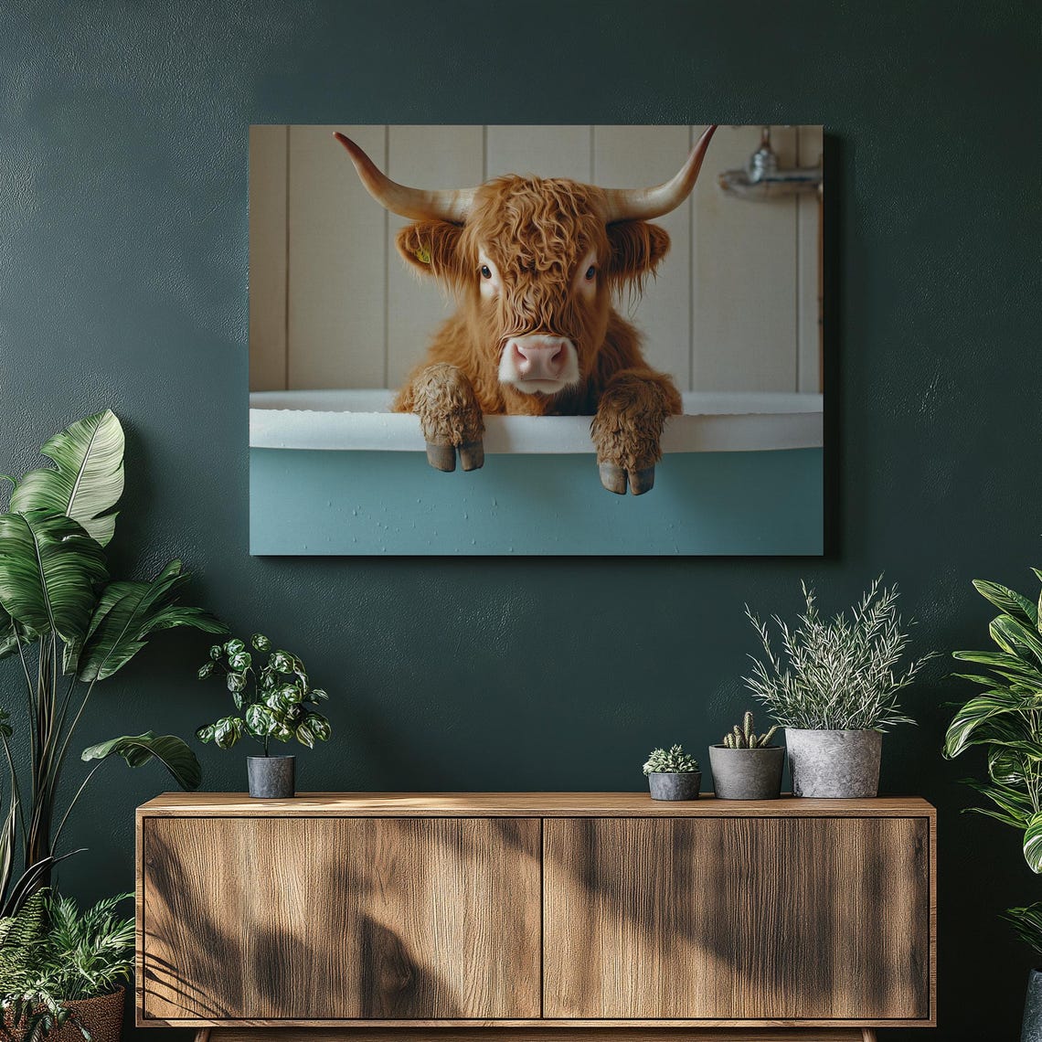 Adorable Highland Cow Peeking from Bathtub Funny Bathroom Poster