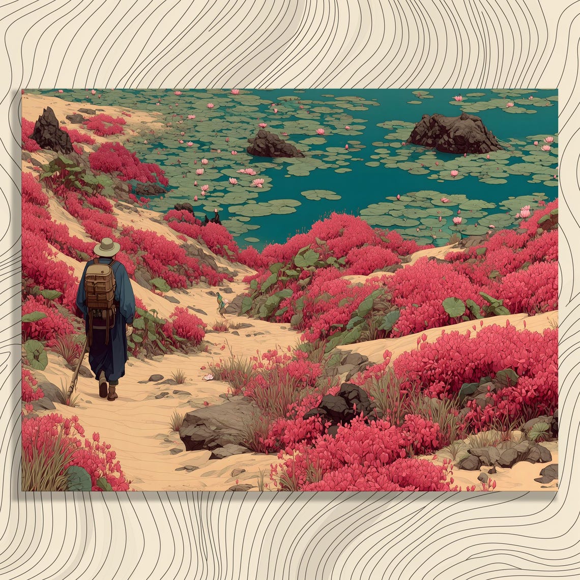 Lone Hiker Pink Flower Hills Lake Trail Anime Style Wall Poster