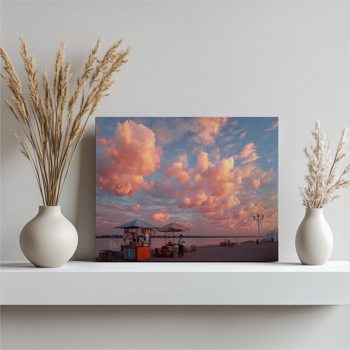 Lakeside Boardwalk Pink Sunset Clouds Kiosk Calm Water Photo Poster