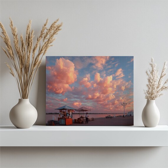 Lakeside Boardwalk Pink Sunset Clouds Kiosk Calm Water Photo Poster