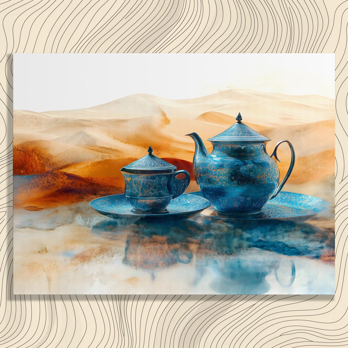 Ornate Blue Moroccan Teapot Set Desert Dunes Still Life Poster