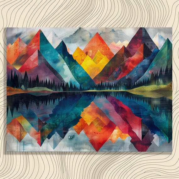 Colorful Dreamy Mountain Landscape Canvas Wall Art Vibrant Abstract Painting With Geometric Shapes And Patterns Serene Lake Reflection