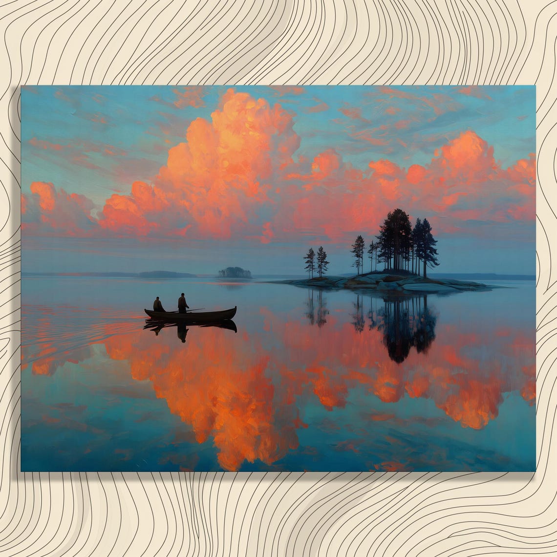 Serene Lake Canoe Canvas Wall Art Sunrise Sky Reflection Over Tranquil Blue Water Pine Island Traditional Nature Landscape Print