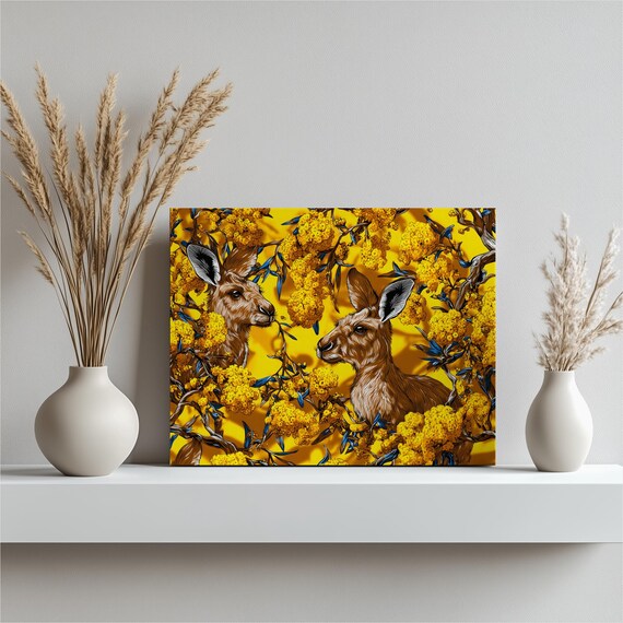 Kangaroo Botanical Canvas Wall Art Colorful Australian Wildlife Floral Pattern Yellow Wattle Mimosa Blue Foliage Modern Boho Nature Decor
