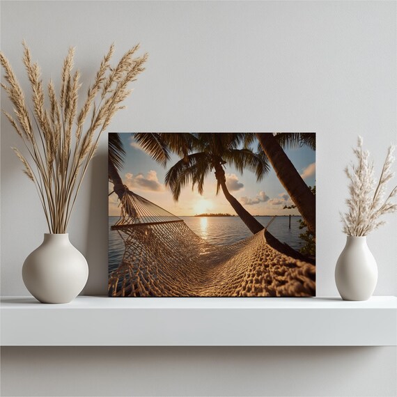 Tropical Beach Hammock Between Palms At Golden Sunset Poster