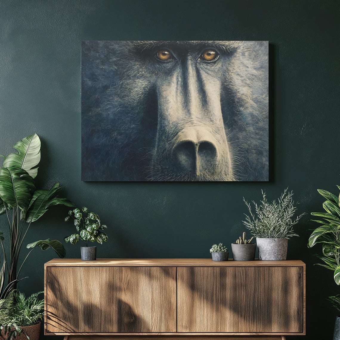 Baboon Face Close Up Primate Portrait Dark Amber Eyed Wildlife Poster