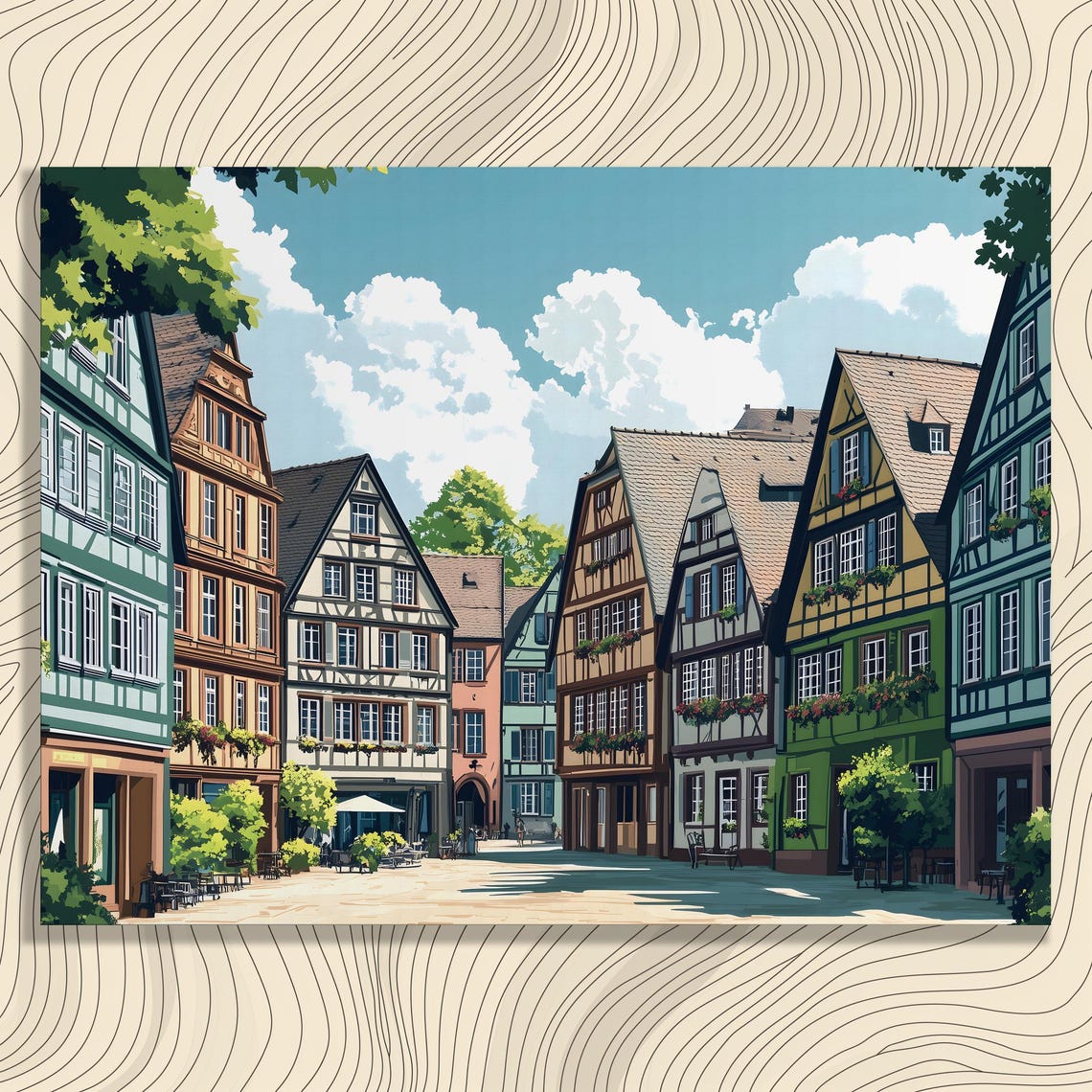 Charming European Old Town Half Timbered Houses Sunny Wall Art