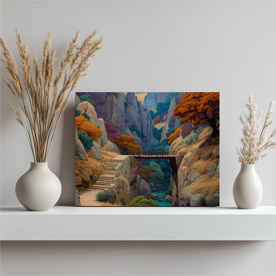 Autumn Mountain Gorge Bridge Turquoise River Rustic Art Poster