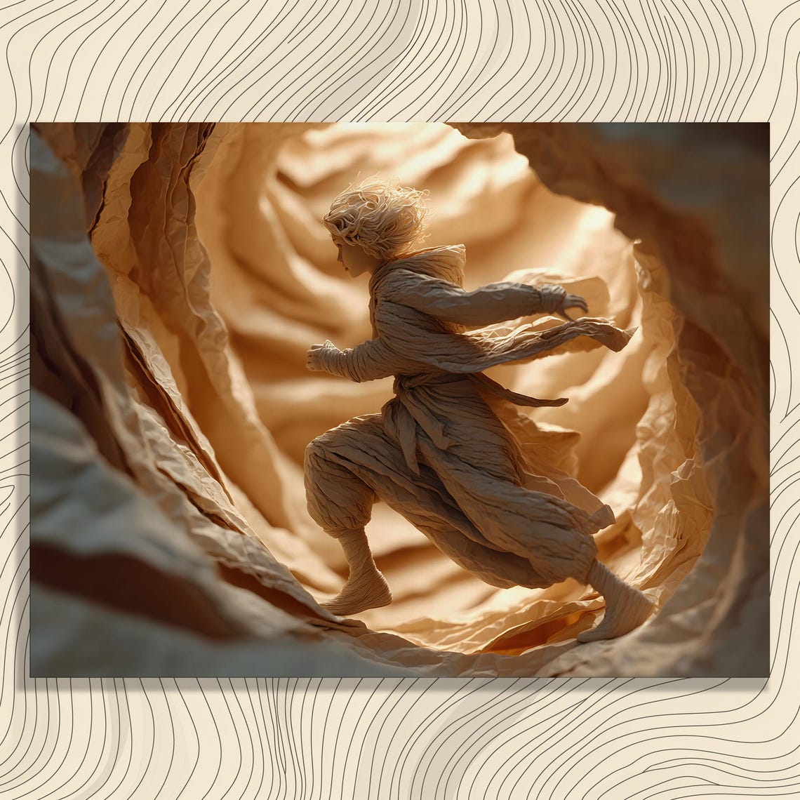 Textured Paper Sculpture Figure Running Through Warm Tunnel Poster