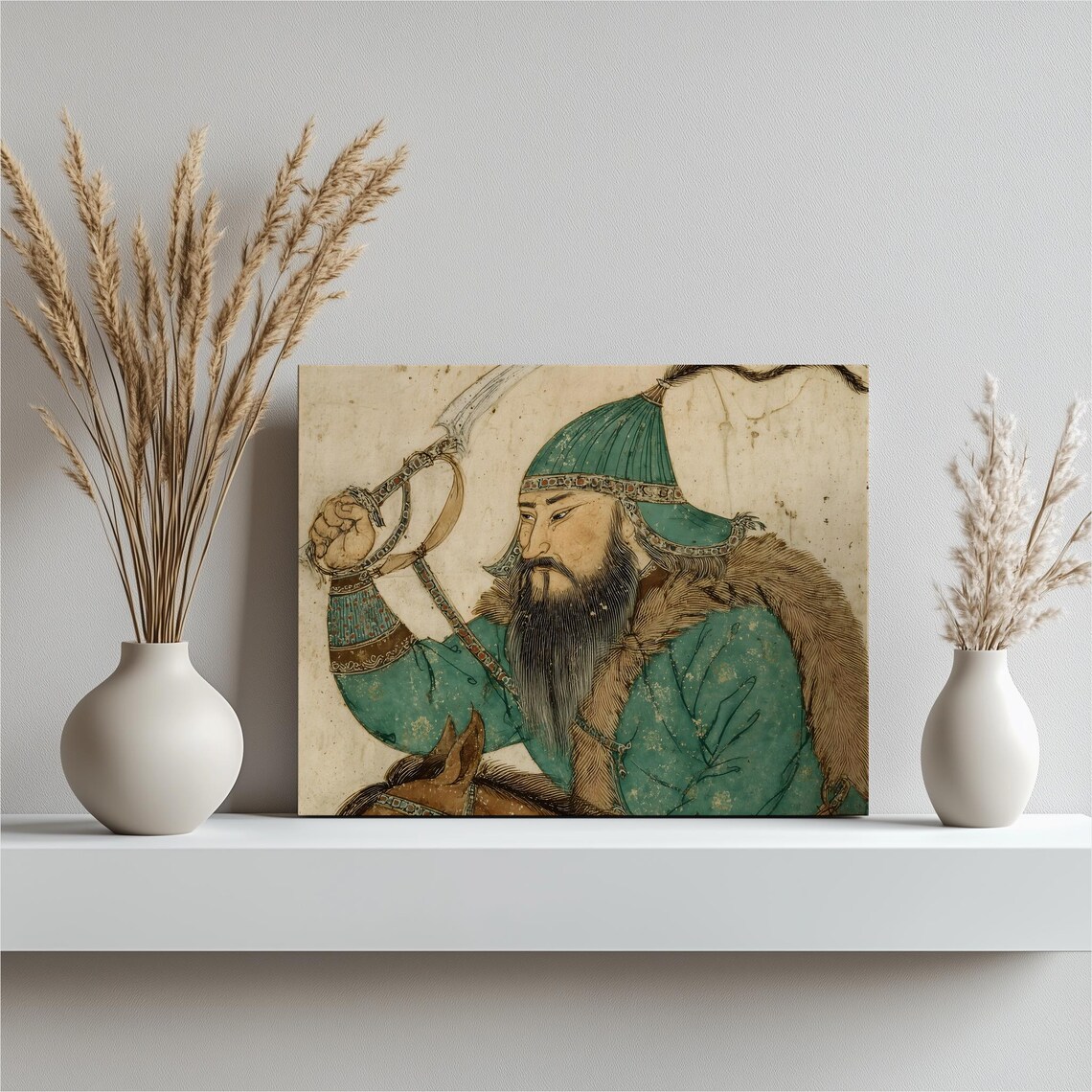Mongol Warrior on Horseback Antique Manuscript Painting Art Poster