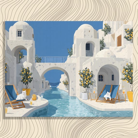 Mediterranean Coastal Canvas Wall Art White Villas By A Blue Canal With Lemon Trees And Lounging Cats Minimalist Print For Summer Decor