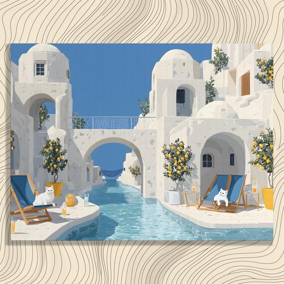 Santorini White Villas Pool Lemon Trees Cats Greek Island Poster