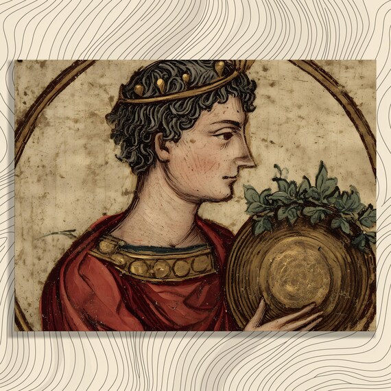 Medieval Royal Portrait Crowned Figure Laurel Wreath Antique Art Poster