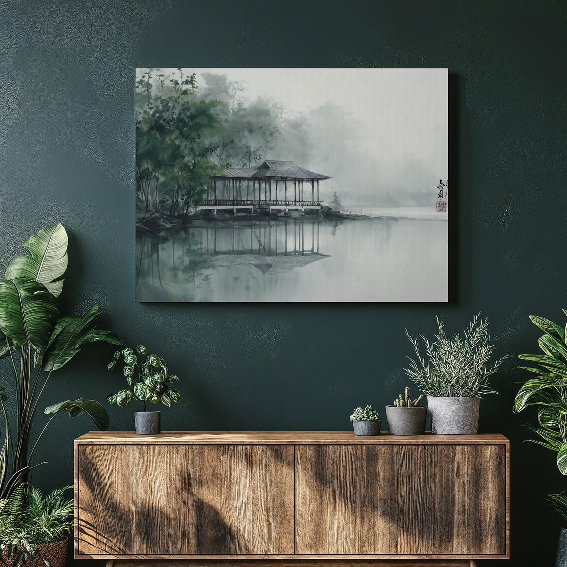 Serene Japanese Lakeside Pavilion in Soft Mist Ink Wash Wall Art